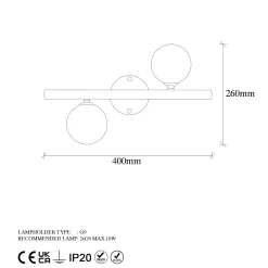 Applique murale art déco dorée, 2 globes blancs L 40 cm SIERRE