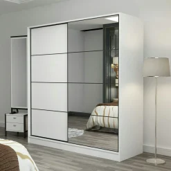 Armoire blanche 2 portes coulissantes, 1 miroir BYRON