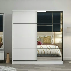 Armoire blanche 2 portes coulissantes, 1 miroir BYRON