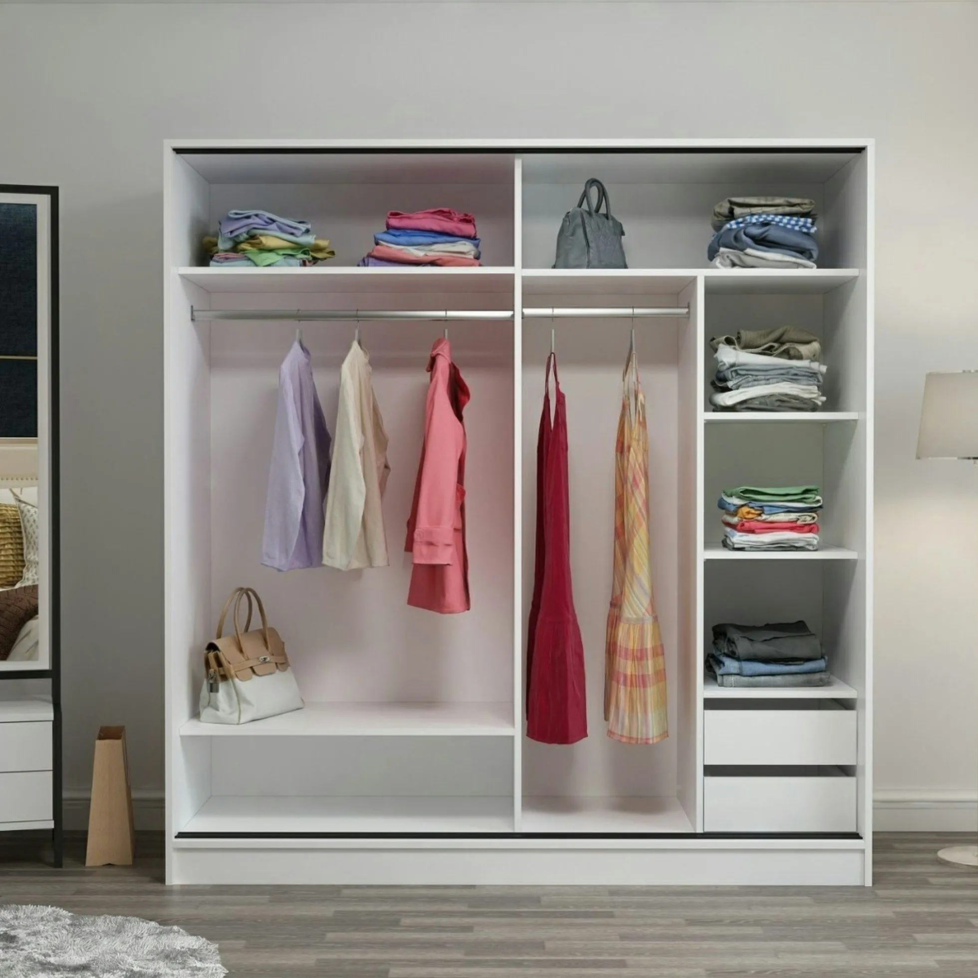 Armoire blanche 2 portes coulissantes, 1 miroir BYRON
