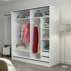 Armoire blanche 2 portes coulissantes, 1 miroir BYRON
