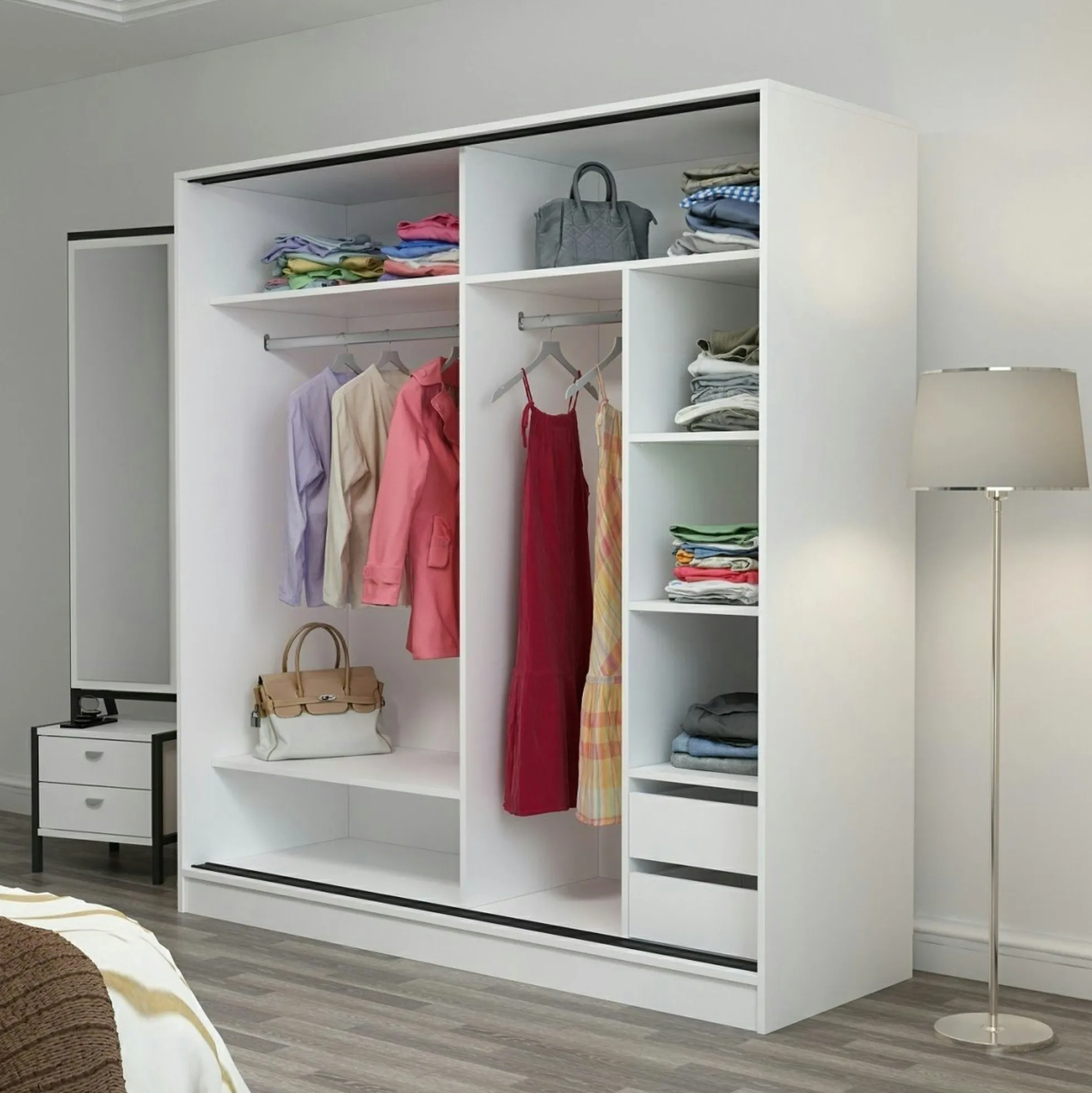 Armoire blanche 2 portes coulissantes, 1 miroir BYRON