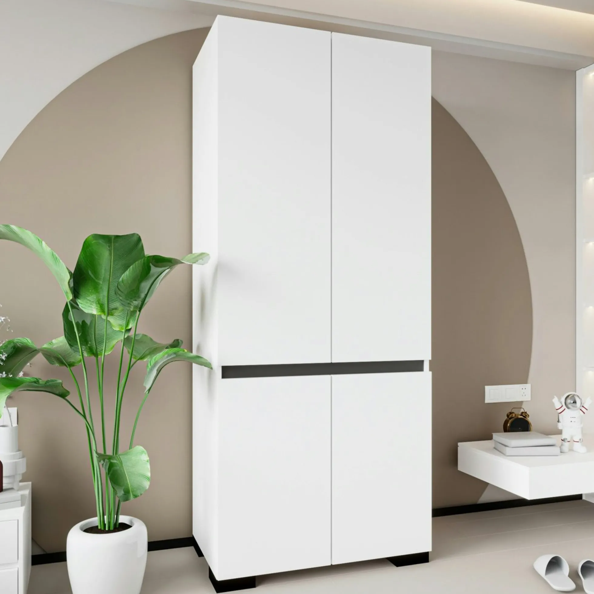 Armoire blanche 2 portes détail gris, 5 étagères BYRON