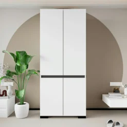 Armoire blanche 2 portes détail gris, 5 étagères BYRON