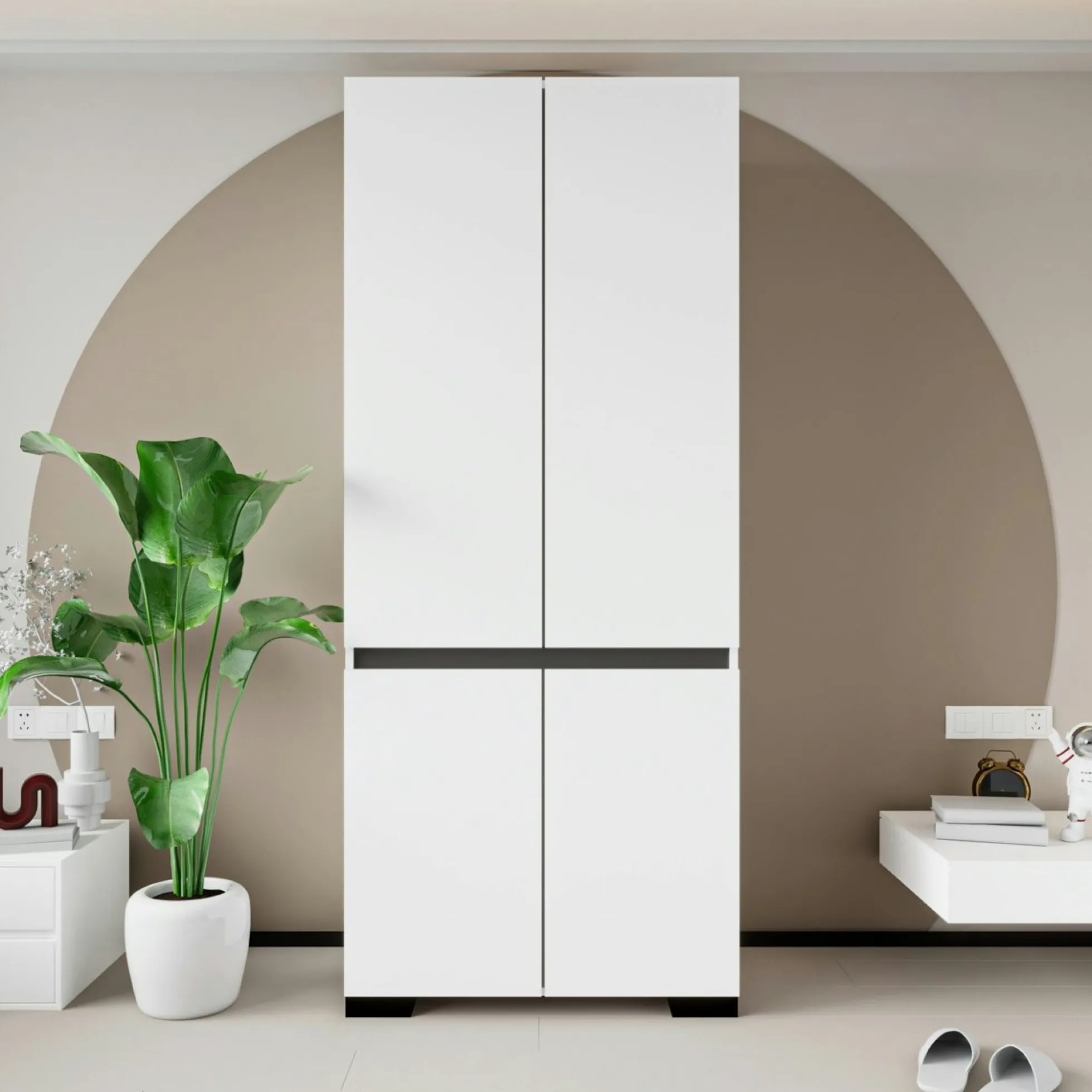 Armoire blanche 2 portes détail gris, 5 étagères BYRON