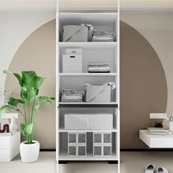 Armoire blanche 2 portes détail gris, 5 étagères BYRON