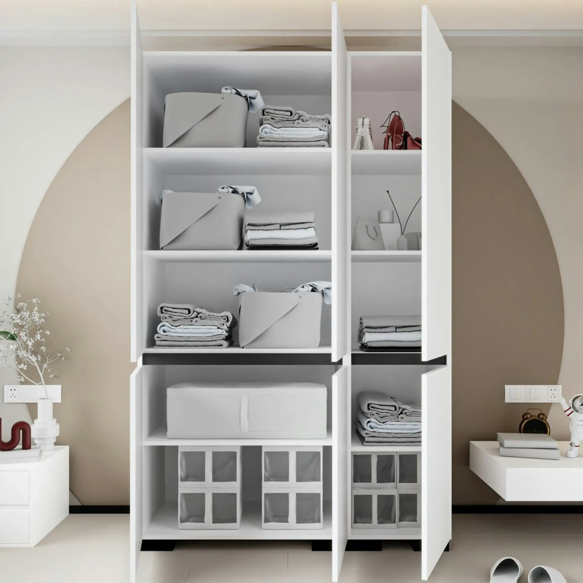 Armoire blanche 3 portes détail gris 10 étagères BYRON