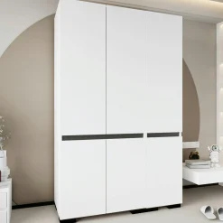 Armoire blanche 3 portes détail gris 10 étagères BYRON