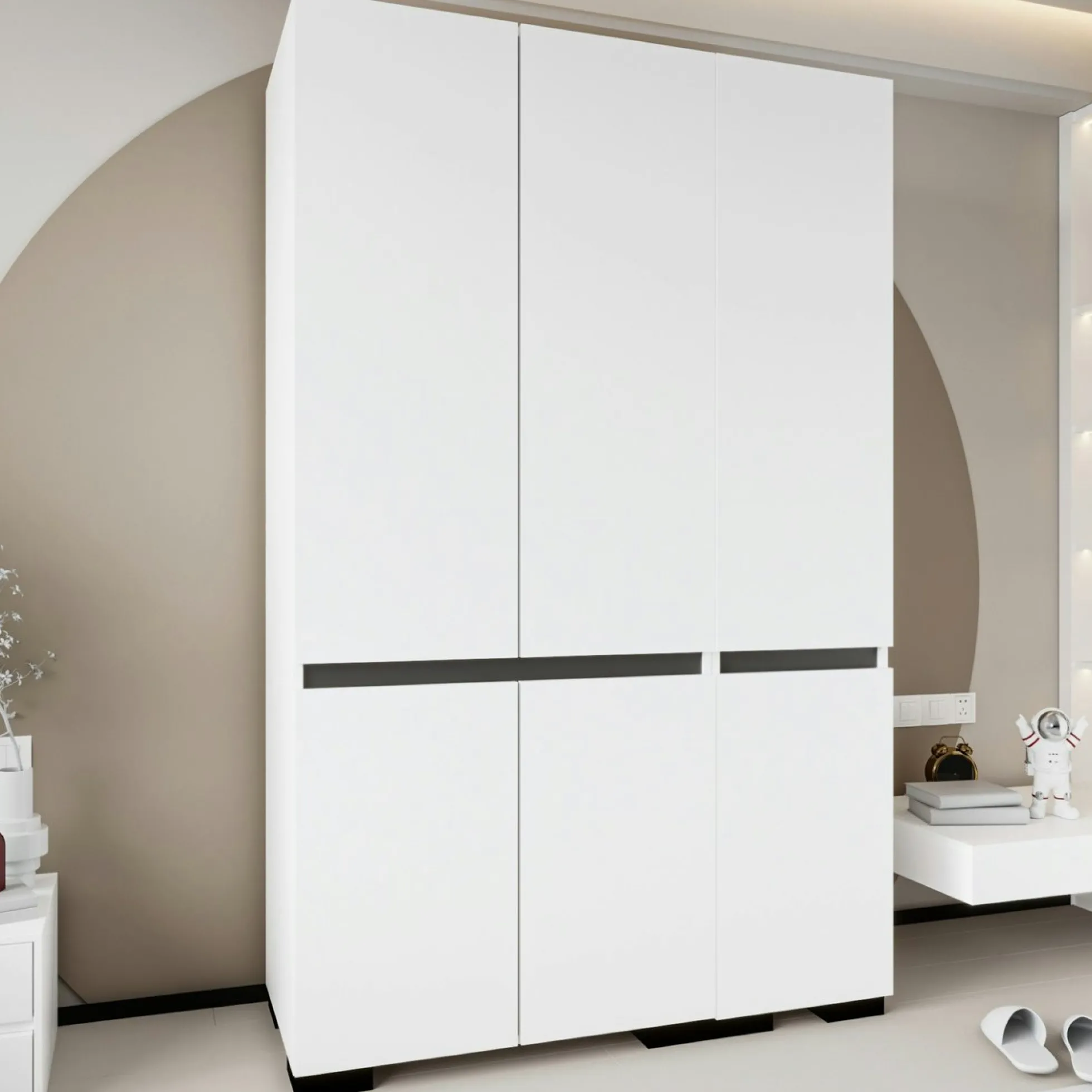 Armoire blanche 3 portes détail gris 10 étagères BYRON