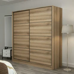 Armoire double penderie portes coulissantes, effet bois BYRON