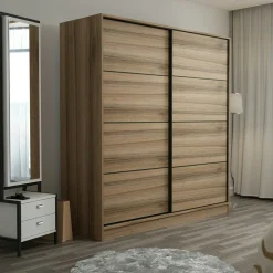 Armoire double penderie portes coulissantes, effet bois BYRON