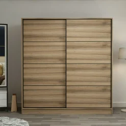 Armoire double penderie portes coulissantes, effet bois BYRON