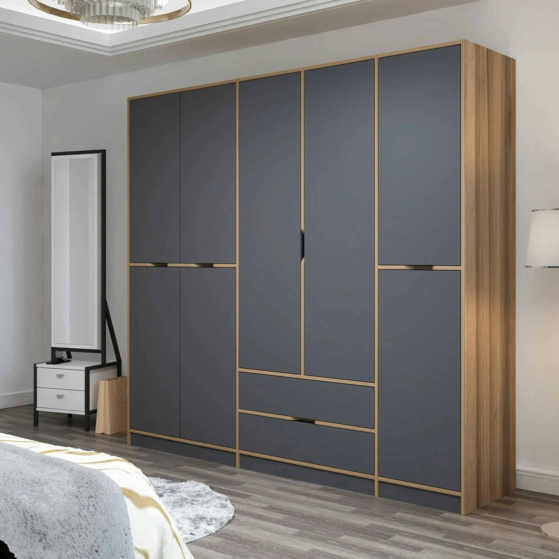 Armoire dressing chambre effet bois, 8 portes grises BYRON