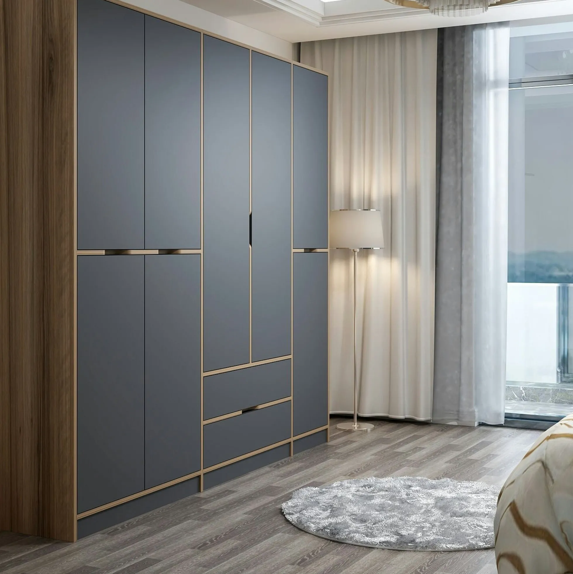 Armoire dressing chambre effet bois, 8 portes grises BYRON