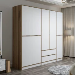 Armoire dressing chambre effet bois, 8 portes blanches BYRON