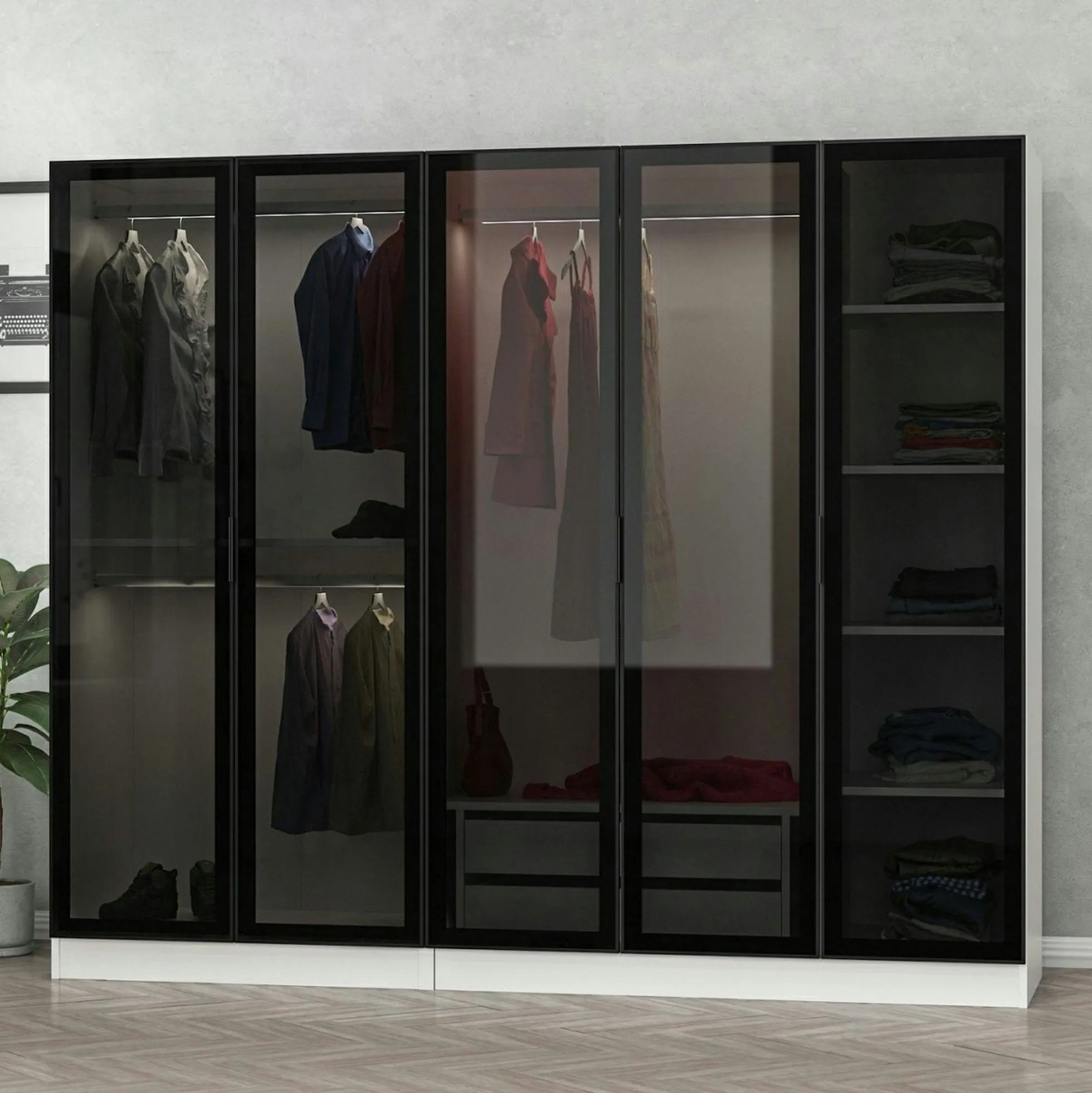 Armoire dressing design blanc 5 portes verre H 210 cm BYRON