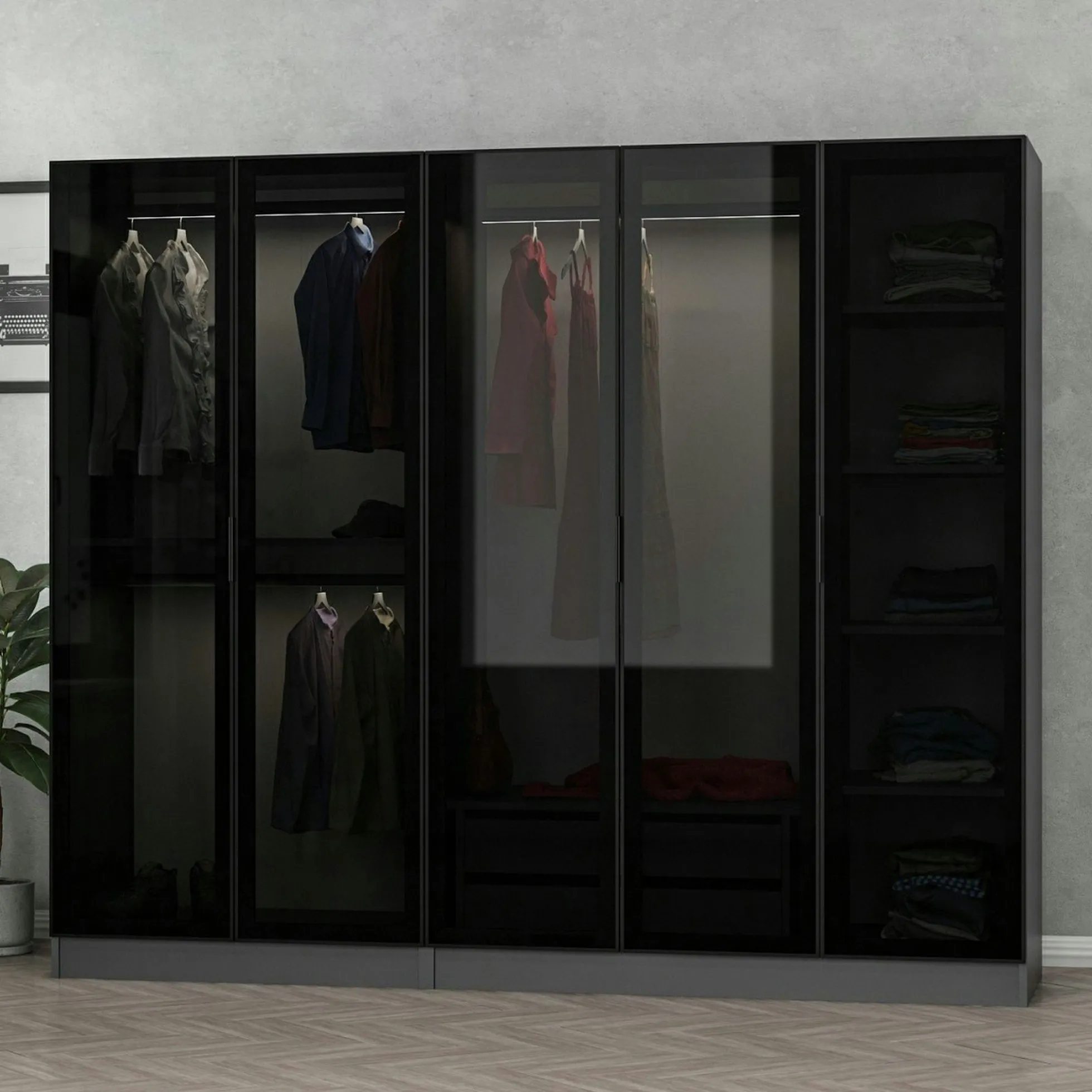 Armoire dressing design gris 5 portes verre H 190 cm BYRON