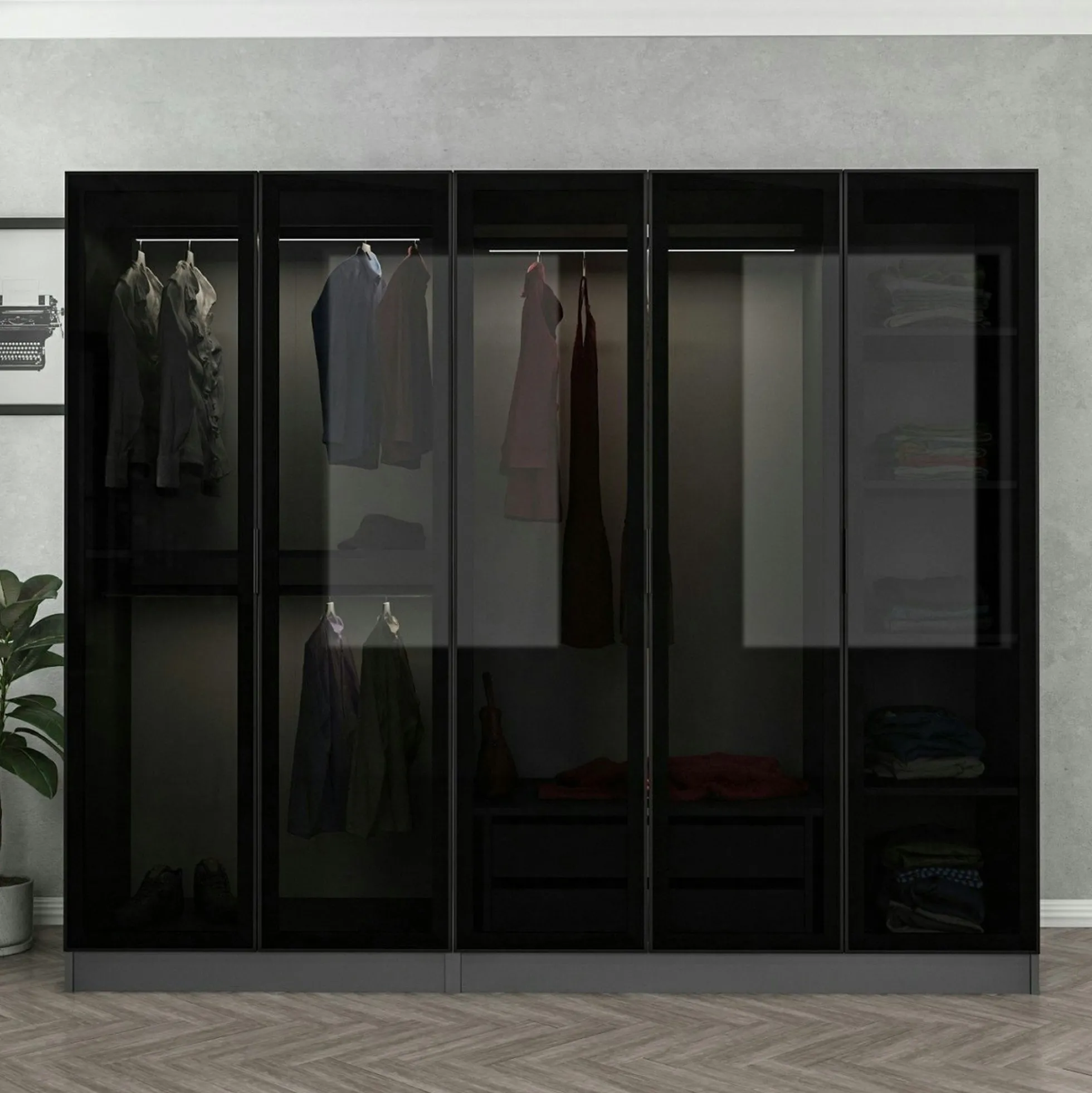 Armoire dressing design gris 5 portes verre H 190 cm BYRON