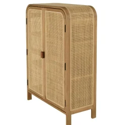 Armoire forme arrondie mindi et rotin naturel 2 portes 3 étagères TIVARO