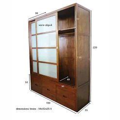 Armoire Hévéa 2 portes coulissantes, 6 tiroirs 55x180x220cm OLGA