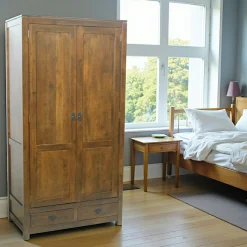 Armoire Hévéa 2 portes, 2 tiroirs, 100x55x195cm HELENA