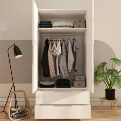 Armoire penderie blanche moderne, 2 portes 2 tiroirs BYRON