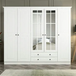 Armoire penderie blanche à moulures, 5 portes 2 miroirs BYRON