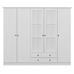 Armoire penderie blanche à moulures, 5 portes 2 miroirs BYRON