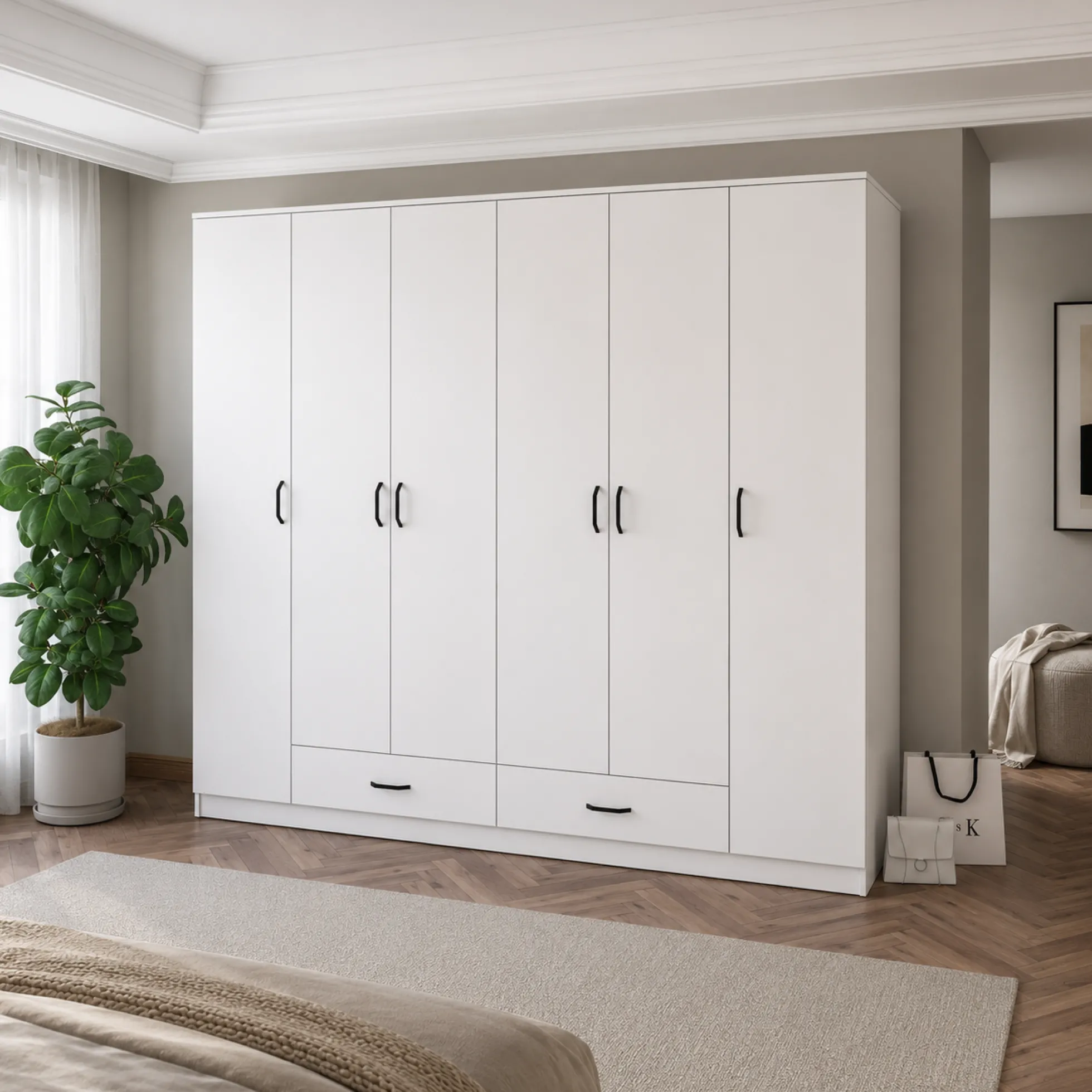 Armoire penderie blanche 6 portes 2 tiroirs BYRON