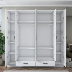 Armoire penderie blanche 6 portes 2 tiroirs BYRON
