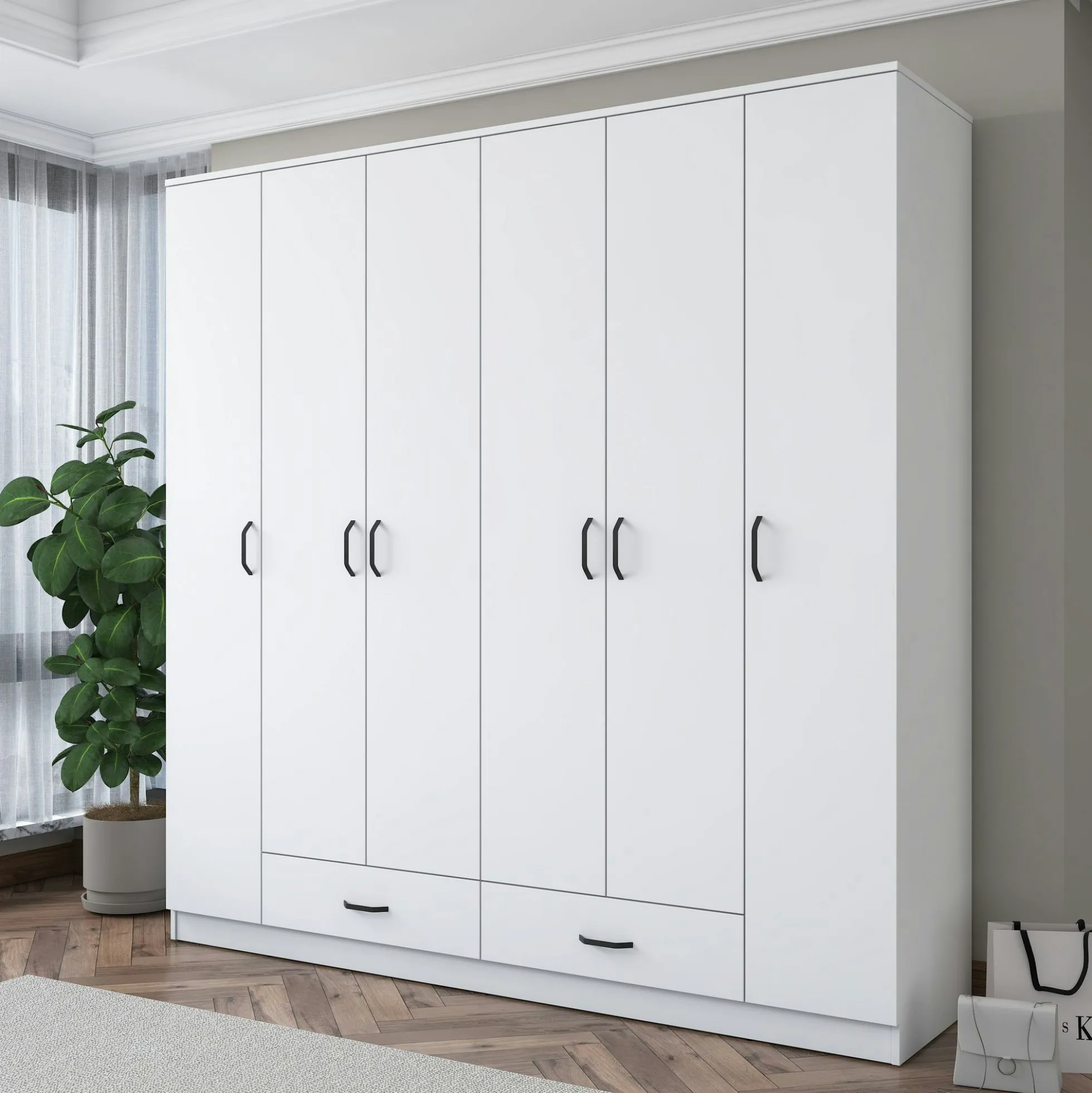 Armoire penderie blanche 6 portes 2 tiroirs BYRON