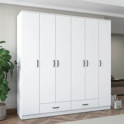 Armoire penderie blanche 6 portes 2 tiroirs BYRON