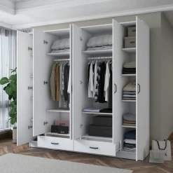 Armoire penderie blanche 6 portes 2 tiroirs BYRON