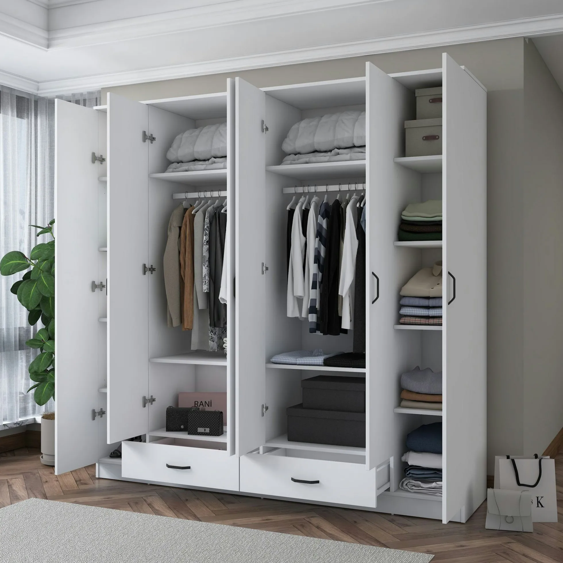 Armoire penderie blanche 6 portes 2 tiroirs BYRON