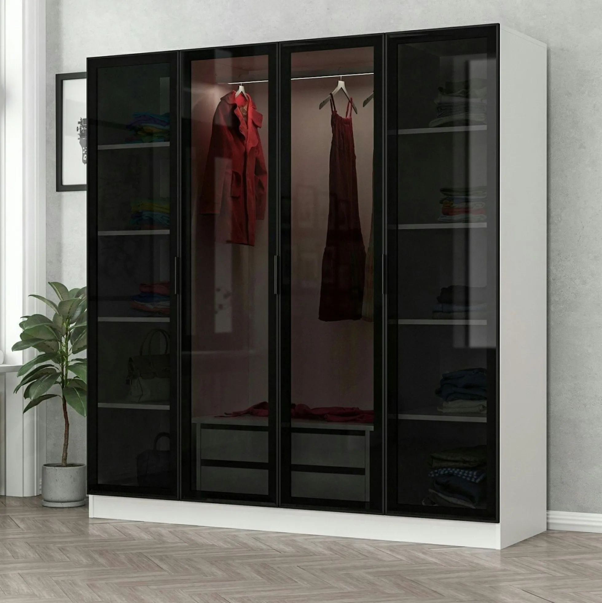 Armoire penderie blanche 4 portes verre H 210 cm BYRON