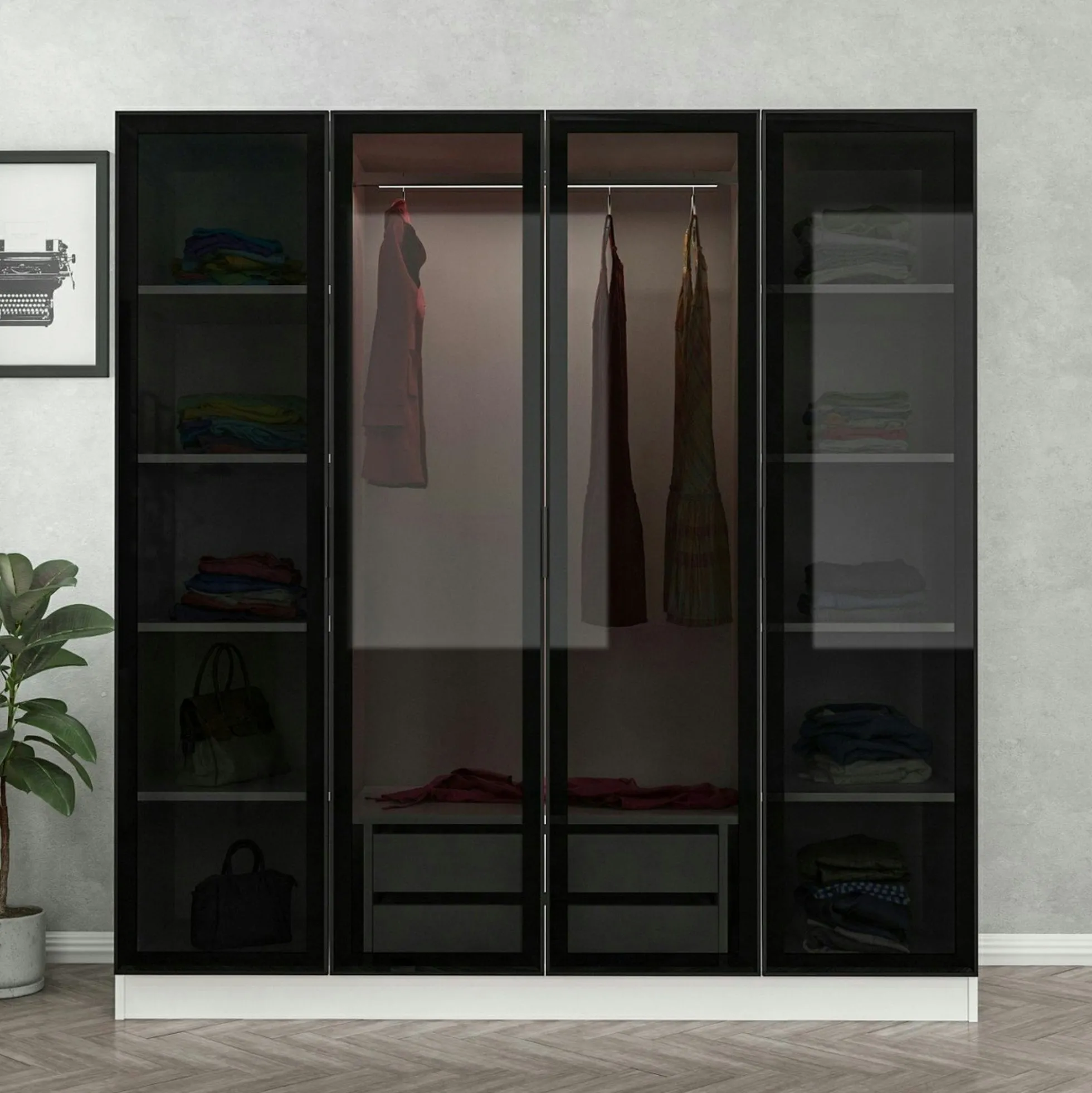 Armoire penderie blanche 4 portes verre H 210 cm BYRON