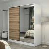 Armoire penderie blanche, porte effet bois et miroir BYRON
