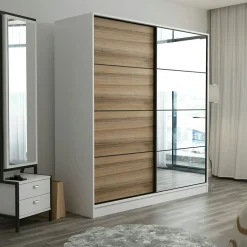 Armoire penderie blanche, porte effet bois et miroir BYRON