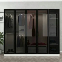 Armoire penderie blanche 5 portes verre 2 tiroirs BYRON