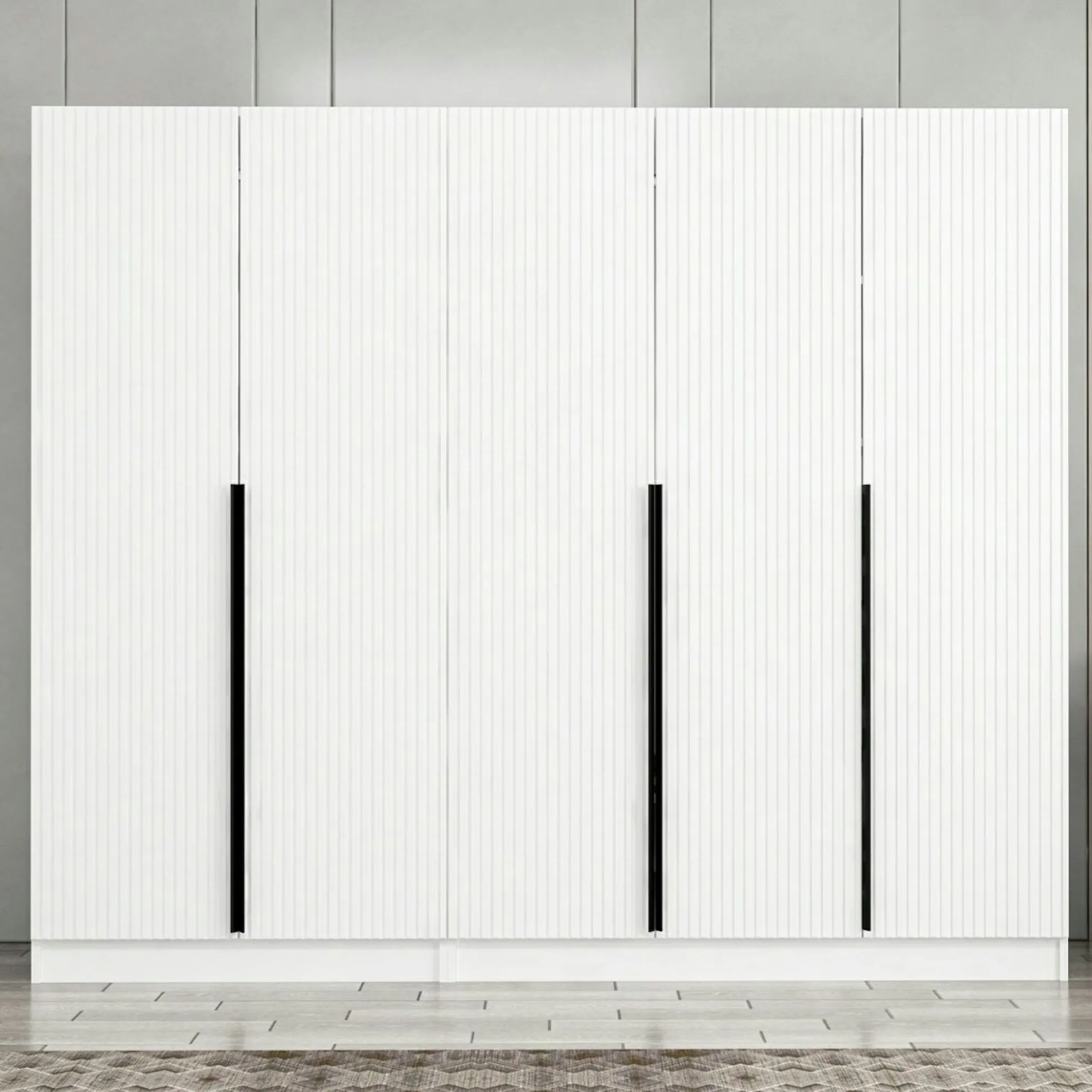 Armoire penderie blanche, 5 portes rainurées 3 portants BYRON