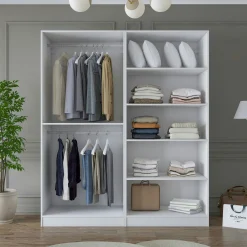 Armoire penderie blanche rainurée 4 portes 2 tringles BYRON