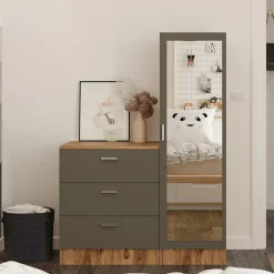 Armoire penderie compacte décor bois et gris 1 miroir MARFA