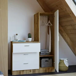 Armoire penderie compacte décor bois et blanc 1 miroir MARFA