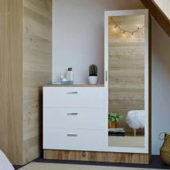 Armoire penderie compacte décor bois et blanc 1 miroir MARFA