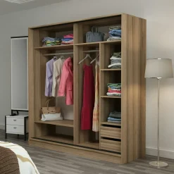 Armoire penderie coulissante effet bois et miroir BYRON