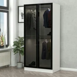 Armoire penderie design blanche - 2 portes vitrées BYRON
