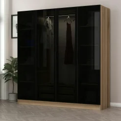 Armoire penderie design effet bois 4 portes verre H 210 cm BYRON