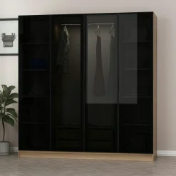 Armoire penderie design effet bois 4 portes verre H 210 cm BYRON