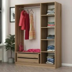Armoire penderie design effet bois, 3 portes vitrées BYRON