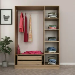 Armoire penderie design effet bois, 3 portes vitrées BYRON
